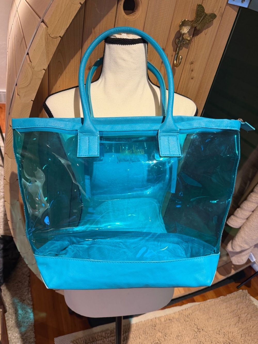 90s Y2K Vintage Neiman Marcus clear teal blue PVC tote bag shoulder purse